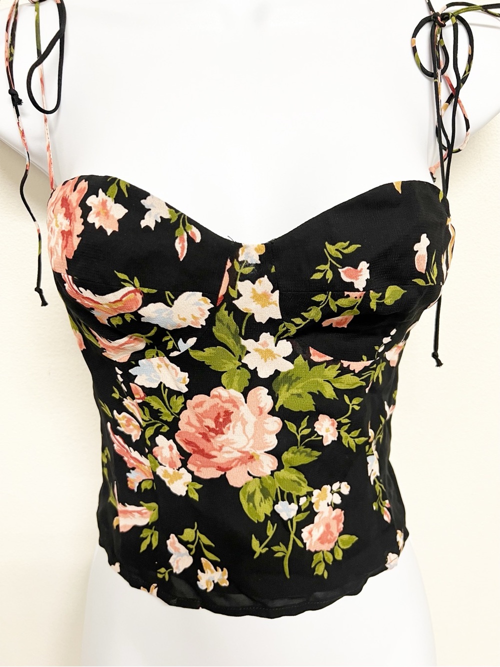 Reformation Womens Black Floral Print Sweetheart Neckline Fitted Liza Top Size 0 - Picture 3 of 12